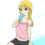  arm_support bike_shorts black_eyes blonde_hair camisole collarbone eating eyelashes fingernails flat_color food ice_cream ice_cream_bar lips long_hair looking_at_viewer navel oozora_hibari otoko_no_ko sidelocks simple_background sitting sketch stop!!_hibari-kun! strap_slip suparu_(detteiu) white_background 