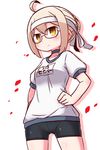  ahoge artoria_pendragon_(all) bike_shorts blonde_hair breasts brown_eyes chibi cleavage eyebrows_visible_through_hair fate/grand_order fate_(series) glasses hands_on_hips highres looking_at_viewer looking_away medium_breasts mysterious_heroine_x_(alter) naga_u short_hair solo 