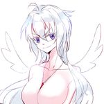  between_breasts breasts hair_between_eyes jewelry large_breasts long_hair looking_at_viewer milk_puppy necklace no_nipples nude pendant purple_eyes senki_zesshou_symphogear silver_hair simple_background sketch smile solo symphogear_pendant white_background wings yukine_chris 