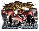  6+boys arm_tattoo bandages blonde_hair bodskih franky giant holding holding_staff horns long_hair multiple_boys nico_robin oars one_piece open_mouth roronoa_zoro rubble sanji silhouette sogeking staff standing stitches tattoo tony_tony_chopper transparent_background tusks very_long_hair zombie 