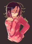  black_background cherry_blossom_print closed_mouth eyelashes fingernails hand_on_hip hand_on_own_chest highres long_hair looking_at_viewer looking_to_the_side male_focus messy_hair nail_polish off-shoulder_shirt original otoko_no_ko pink_eyes pink_nails pink_shirt red_hair shirt signature sleeves_past_wrists solo suparu_(detteiu) upper_body 