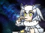  eating food fur_collar head_wings kemono_friends multicolored_hair northern_white-faced_owl_(kemono_friends) plate pudding seki_(red_shine) short_hair silver_hair solo space space_cat_(meme) utensil white_hair wide-eyed yellow_eyes 