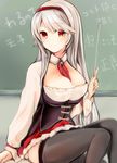  anna_(sennen_sensou_aigis) black_legwear breasts chalkboard cleavage hairband indoors large_breasts long_hair looking_at_viewer nannacy7 pointer red_eyes sennen_sensou_aigis sitting smile solo thighhighs white_hair 