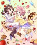  2girls animal_ears artist_name bare_shoulders blue_eyes blueberry blurry blush blush_stickers boots brown_eyes brown_footwear cake candy cherry collaboration cookie cross-laced_footwear cupcake depth_of_field dog_ears dog_tail doughnut eyebrows_visible_through_hair food frilled_boots frilled_skirt frills fruit full_body gradient gradient_background hair_ornament hairclip hand_on_own_cheek head_tilt heart_cutout highres holding holding_food hyanna-natsu ice_cream icing knee_boots lace-up_boots leg_warmers lollipop long_sleeves macaron multiple_girls off_shoulder original pantyhose pantyhose_under_shorts pink_footwear pink_hair polka_dot polka_dot_background popsicle pudding purple_skirt shoes short_shorts shorts skirt slice_of_cake sp-nova sparkling_eyes star star_hair_ornament strawberry sweater tail tareme turtleneck turtleneck_sweater upper_teeth white_legwear white_sweater yellow_shorts 