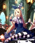  alice_(wonderland) alice_in_wonderland blonde_hair blue_footwear broken_glass broken_mirror cat checkered checkered_floor chess_piece collared_shirt different_reflection enmr39_(anonyma) forest gears glass hair_ribbon high-waist_skirt highres lantern light_particles long_hair looking_to_the_side mary_janes mirror multicolored multicolored_clothes multicolored_skirt mushroom nature neck_ribbon open_mouth original outdoors pantyhose puffy_short_sleeves puffy_sleeves red_eyes reflection ribbon shingoku_no_valhalla_gate shirt shoes short_sleeves sitting skirt smile solo striped striped_legwear suspenders very_long_hair white_shirt wrist_cuffs yokozuwari 