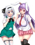  animal_ears arms_up black_hairband black_legwear blue_eyes blush bra bra_through_clothes breasts bunny_ears cowboy_shot ebi_193 finger_to_mouth hairband konpaku_youmu large_breasts multiple_girls necktie open_mouth plump puffy_short_sleeves puffy_sleeves purple_hair red_eyes red_neckwear reisen_udongein_inaba ribbon see-through shirt short_hair short_sleeves silver_hair simple_background skirt thighhighs touhou underwear white_background white_legwear zettai_ryouiki 