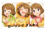  :d :o ;d ^_^ ahoge arms_up blue_eyes blush brown_hair character_name circle closed_eyes floral_print flower hair_flower hair_ornament idolmaster idolmaster_million_live! looking_at_viewer multiple_views one_eye_closed open_mouth outstretched_arms polka_dot polka_dot_background shapes short_hair silhouette smile square suou_momoko translated triangle upper_body v-shaped_eyebrows zattape 