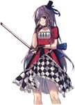  arm_around_waist black_gloves bow_(instrument) braid bridal_gauntlets checkered checkered_dress choker collarbone cropped_legs dress frills gloves hair_ribbon hand_on_own_face hat highres hoshino_(illyasviel) light_smile long_hair looking_at_viewer mini_hat mini_top_hat original piano_print purple_eyes purple_hair red_dress red_pupils ribbon short_sleeves simple_background single_braid solo tied_hair top_hat white_background 