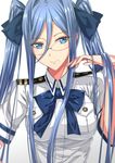  aoki_hagane_no_arpeggio bespectacled blue_eyes blue_hair blue_ribbon breast_pocket breasts glasses hair_between_eyes highres long_hair looking_at_viewer luzi medium_breasts military military_uniform mole mole_under_mouth naval_uniform pocket ribbon simple_background smile solo takao_(aoki_hagane_no_arpeggio) twintails uniform upper_body white_background 