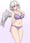  arm_behind_back bangs bare_arms black_bra blush bow bow_bra bow_panties bra breasts cleavage covering_mouth cowboy_shot eyebrows_visible_through_hair forneus_0 gradient gradient_background grey_wings hair_between_eyes hand_up highres kishin_sagume large_breasts looking_at_viewer multicolored multicolored_background navel panties purple_bra purple_panties red_eyes short_hair silver_hair single_wing solo touhou two-tone_background underwear underwear_only wings 