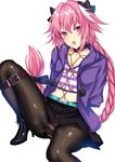  androgynous astolfo_(fate) bdsm black_bow bondage boots bound bound_wrists bow braid bulge casual collar commentary_request crotch_rope crotch_seam fang fate/apocrypha fate_(series) hair_ribbon high_heel_boots high_heels looking_at_viewer majin_(kiidoumajin) male_focus open_mouth otoko_no_ko panties panties_under_pantyhose pantyhose pink_hair purple_eyes restrained ribbon rope shibari shibari_over_clothes single_braid striped striped_panties underwear 
