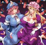  2girls blonde_hair blue_eyes blush breasts elbow_gloves erection erection_under_clothes futanari gloves hair_ribbon hat_ribbon huge_breasts kimono long_hair mob_cap multiple_girls multiple_penises musashino_sekai open_mouth pink_hair red_eyes ribbon_choker saigyouji_yuyuko short_hair tagme touhou triangular_headpiece used_condom yakumo_yukari 