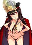  black_hair breasts covered_nipples cowboy_shot fate/grand_order fate_(series) grin hands_on_hips haruhisky hat highres large_breasts leaning_forward long_hair looking_at_viewer navel oda_nobunaga_(fate) oda_nobunaga_(swimsuit_berserker)_(fate) parted_lips peaked_cap red_eyes shiny shiny_skin simple_background slingshot_swimsuit smile solo swimsuit white_background 