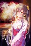  alternate_hairstyle black_hair commentary cowboy_shot eyebrows_visible_through_hair fireworks flower hair_flower hair_ornament hairclip hand_on_own_chest haruna_(kantai_collection) highres japanese_clothes kantai_collection kimono long_hair looking_at_viewer night orange_eyes outdoors ponytail revision smile solo star_(sky) yukata yuumaru_(you-mya) 