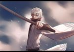  79357_(lyhlyhlyh) gintama holding holding_weapon japanese_clothes looking_at_viewer male_focus outstretched_arm petals red_eyes sakata_gintoki solo sword weapon wooden_sword 