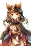  animal animal_ears belt cape cloak closed_mouth commentary_request dress ears_through_headwear erune granblue_fantasy highres hood hooded_cloak looking_at_viewer medium_hair petting red_eyes scathacha_(granblue_fantasy) signature simple_background smile solo sorairo_len white_background white_hair 