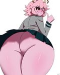  1girl alone ashido_mina ass blush boku_no_hero_academia female highres huge_ass image_sample large_ass one_eye_closed pink_hair pink_skin simple_background solo thick_thighs thighs thumb_up tumblr_sample white_background wide_hips wink 