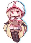  belt black_footwear black_gloves blush boots capelet chibi closed_mouth eyebrows_visible_through_hair gloves knee_boots looking_at_viewer magia_record:_mahou_shoujo_madoka_magica_gaiden mahou_shoujo_madoka_magica naga_u navel pink_eyes pink_hair pink_skirt short_hair skirt smile solo tamaki_iroha 