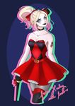  1girl breasts choker dc_comics gloves gothic_lolita harley_quinn lipstick lolita_fashion makeup mini_top_hat ponytail thighhighs 