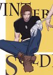  79357_(lyhlyhlyh) blue_eyes brown_hair captain_america_the_winter_soldier casual cuffs cyborg denim dog_tags handcuffs highres james_buchanan_barnes jeans looking_at_viewer marvel mechanical_arm pants shirt solo_focus t-shirt winter_soldier 