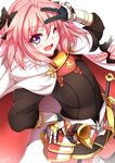  :d astolfo_(fate) belt black_jacket black_legwear black_ribbon blush braid cape commentary_request eyebrows_visible_through_hair fang fate/apocrypha fate_(series) fur_trim gauntlets hair_between_eyes hair_ornament hair_ribbon hand_on_hip horn_(instrument) insignia jacket long_hair long_sleeves looking_at_viewer male_focus one_eye_closed open_mouth otoko_no_ko pink_hair purple_eyes ribbon sayossa_(pak-front) sheath sheathed simple_background single_braid smile solo sword thighhighs tress_ribbon v very_long_hair weapon white_background white_cape 