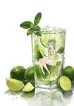  absurdres bad_id bad_pixiv_id bangs barefoot bolbbangbbang breasts commentary condensation cup dress drink drinking_glass food fruit green_dress green_eyes green_hair hair_ornament highres ice ice_cube in_container leaf_hair_ornament lime_(fruit) lime_slice long_hair looking_at_viewer medium_breasts minigirl mint mojito original reflection sitting sleeveless sleeveless_dress smile solo submerged sundress twitter_username water_drop 