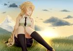  arm_support bare_arms bare_shoulders between_breasts black_legwear black_neckwear blonde_hair blue_sky braid breasts closed_eyes cloud fate/apocrypha fate_(series) flower grass hand_on_own_knee highres jeanne_d'arc_(fate) jeanne_d'arc_(fate)_(all) kneehighs knees_up lily_(flower) long_hair medium_breasts mountain necktie necktie_between_breasts njnywy on_grass outdoors single_braid sitting skirt sky sleeveless smile solo sun thighs very_long_hair 