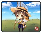  artist_name black_legwear blue_skirt blue_sky brown_eyes brown_hair butterfly_net chibi cloud commentary_request day grass hakama_skirt hand_net hat highres insect_cage japanese_clothes kaga_(kantai_collection) kantai_collection outdoors short_hair shoulder_strap side_ponytail skirt sky solo straw_hat stuffed_animal stuffed_cat stuffed_toy sun_hat taisa_(kari) tasuki 