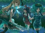  :t apron aqua_eyes ass black_hair black_legwear blonde_hair blue_eyes blue_hair blue_legwear bow breasts broom broom_riding camouflage camouflage_shirt camouflage_shorts day detached_sleeves eno_(whiskeyne) forest green_hat hair_bobbles hair_bow hair_ornament hair_tubes hakurei_reimu hat holding_hands kawashiro_nitori kirisame_marisa leaf lily_pad long_hair looking_at_another looking_at_viewer looking_back medium_breasts moriya_suwako multiple_girls nature outdoors parted_lips partially_submerged pout puffy_short_sleeves puffy_sleeves red_skirt red_vest river rope shimenawa short_hair short_sleeves shorts skirt sleeves_rolled_up smile striped striped_skirt striped_vest swimming thighhighs touhou two_side_up vest wading waist_apron white_legwear witch_hat yasaka_kanako yellow_eyes zettai_ryouiki 