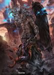  abs barefoot copyright_name dark_skin dark_skinned_male demon_horns feathered_wings feathers force_of_will grey_eyes grey_hair highres horns long_hair mad_(artist) male_focus navel official_art rock shirtless solo staff wings 