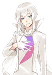  blue_eyes fate/grand_order fate_(series) genderswap genderswap_(ftm) gloves hand_on_own_chest high_collar looking_at_viewer male_focus marie_antoinette_(fate/grand_order) mocollie official_style sidelocks simple_background smile solo upper_body white_background white_gloves white_hair 