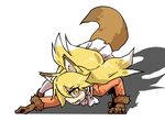  all_fours animal_ears blonde_hair brown_gloves clenched_teeth ezo_red_fox_(kemono_friends) fox_ears fox_tail fur_trim gloves kemono_friends long_hair looking_at_viewer orange_eyes pleated_skirt seki_(red_shine) shadow skirt solo tail teeth white_background yellow_eyes 