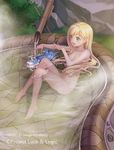  :d ahoge animal bath blonde_hair breasts convenient_arm convenient_leg copyright_name green_eyes hair_down hina_logi_-_from_luck_&amp;_logic liones_yelistratova long_hair luck_&amp;_logic medium_breasts ne-on official_art onsen open_mouth outdoors partially_submerged smile solo steam water 