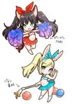  animal_ears arm_up armpits baton black_hair blonde_hair blue_eyes blue_skirt blue_vest bunny_ears cheerleader chibi dog_ears dog_tail elin_(tera) fang green_eyes hairband highres kneehighs long_hair midriff miniskirt mojarin_(kihara_mojarin) multiple_girls navel no_tail open_mouth outstretched_arms pom_poms ponytail red_skirt red_vest ribbon skirt smile standing standing_on_one_leg tail tera_online twintails twirl_baton vest white_legwear 