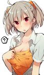  :o ahoge angel_chromosome_xx bad_id bad_pixiv_id blush breasts cleavage collared_shirt eyebrows_visible_through_hair grey_hair hair_between_eyes highres ikeuchi_tanuma large_breasts looking_at_viewer neon_genesis_evangelion open_clothes open_shirt orange_shirt parted_lips pink_eyes pulled_by_self shirt shirt_pull short_hair short_sleeves solo tabris tabris-xx twintails upper_body white_background white_shirt 