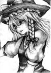 bow braid commentary_request graphite_(medium) greyscale hair_bow hand_on_headwear hat kirisame_marisa lips long_hair looking_to_the_side monochrome open_mouth side_braid simple_background solo suparu_(detteiu) touhou traditional_media upper_body vest white_background witch_hat 