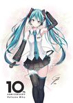  absurdres anniversary aqua_eyes aqua_hair arm_up character_name detached_sleeves hatsune_miku head_tilt headset highres long_hair looking_at_viewer microphone necktie pleated_skirt skirt smile solo superman3go thighhighs twintails very_long_hair vocaloid 