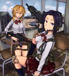  bullpup classroom desk fang ground_vehicle gun hibax-fre highres knee_pads looking_at_viewer military military_vehicle motor_vehicle multiple_girls polandball rifle school_desk school_uniform signature sitting tank trigger_discipline weapon 