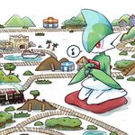  drawfag eighth_note gallade gen_4_pokemon kneeling musical_note no_humans playing pokemon pokemon_(creature) pokemon_center red_eyes smile solo speech_bubble toy_boat toy_train 