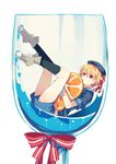  afloat bad_id bad_pixiv_id bangs beret blonde_hair blue_legwear blue_shirt blue_shorts boots copyright_request covered_mouth cup drinking_glass eyebrows_visible_through_hair food fruit glass grey_footwear hair_between_eyes hair_ribbon hat ikeuchi_tanuma in_container in_cup legs legs_up looking_at_viewer lying minigirl object_hug on_back orange orange_slice red_eyes ribbon sailor_collar school_uniform serafuku shirt short_hair short_sleeves shorts simple_background socks solo white_background 