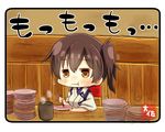  artist_name blush brown_eyes brown_hair chibi chopsticks commentary_request cup eating highres holding holding_chopsticks indoors japanese_clothes kaga_(kantai_collection) kantai_collection looking_at_viewer plate plate_stack short_hair side_ponytail solo taisa_(kari) tasuki yunomi 