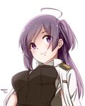  absurdres ahoge arms_at_sides bangs black_vest blouse blush borrowed_garments breasts character_name dated epaulettes eyebrows_visible_through_hair hagikaze_(kantai_collection) highres jacket_on_shoulders kantai_collection looking_at_viewer medium_breasts military military_uniform plasbott purple_eyes purple_hair side_ponytail signature smile solo swept_bangs uniform upper_body vest white_background white_blouse 