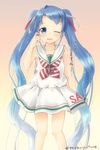  ;d alternate_costume blue_eyes blue_hair blush commentary cosplay dress gradient gradient_background gradient_hair hair_ribbon highres kantai_collection libeccio_(kantai_collection) libeccio_(kantai_collection)_(cosplay) long_hair looking_at_viewer mae_(maesanpicture) multicolored_hair one_eye_closed open_mouth ribbon sailor_dress samidare_(kantai_collection) scratching_cheek sleeveless sleeveless_dress smile solo twintails twitter_username very_long_hair 