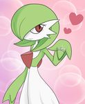  1girl arm_up blush clarion_(delphinusw) diamond embarrassed gardevoir green_hair hair_over_one_eye heart jewelry looking_away looking_to_the_side no_humans pink_background pokemon pokemon_(creature) pokemon_rse red_eyes ring short_hair simple_background smile solo sparkle standing wedding_ring 