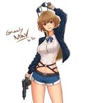  artist_name aviator_sunglasses belt brown_hair character_name girls_frontline gloves grizzly_mkv grizzly_mkv_(girls_frontline) gun handgun highres jacket looking_at_viewer purple_eyes short_hair short_shorts shorts smile solo sunglasses ten_cws weapon 