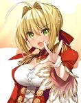  :d ahoge bangs blonde_hair braid breasts buttons cleavage cleavage_cutout commentary dress epaulettes eyebrows_visible_through_hair fate/extra fate_(series) french_braid gambe green_eyes hair_bun hair_intakes hair_ribbon hand_gesture highres juliet_sleeves large_breasts long_sleeves looking_at_viewer nero_claudius_(fate) nero_claudius_(fate)_(all) open_mouth outstretched_arm puffy_sleeves red_dress red_ribbon ribbon smile solo sparkle upper_body v v-shaped_eyebrows wide_sleeves 