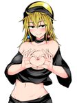  areola_slip areolae black_shirt black_skirt blonde_hair blush breasts choker closed_mouth collarbone commentary_request crop_top earrings groin heart-shaped_boob_challenge hecatia_lapislazuli jewelry kuroba_rapid large_breasts long_hair looking_at_viewer navel off-shoulder_shirt polos_crown shirt skirt skirt_set smile solo stomach touhou upper_body yellow_eyes 