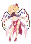  alternate_costume bare_legs bare_shoulders blush bow commentary_request crystal dancer flandre_scarlet full_body hair_bow hair_ribbon hat highres looking_at_viewer midriff mini_hat mob_cap navel pokachu red_eyes ribbon side_ponytail simple_background smile solo standing touhou white_background wings wrist_cuffs 
