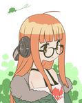  ahoge bangs bare_shoulders black_bra blunt_bangs blush bra breasts brown_eyes cleavage closed_mouth commentary_request fur_trim glasses green_jacket headphones highres jacket long_hair medium_breasts no_nose off_shoulder orange_hair persona persona_5 sakura_futaba shirt solo sumiyao_(amam) underwear white_shirt 