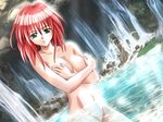  1girl breasts character_request covering covering_breasts crossed_arms decensored dutch_angle escape_plus frown game_cg green_eyes looking_at_viewer medium_breasts mochizuki_nozomu mound_of_venus navel nude nude_cover photoshop red_hair solo standing water waterfall 